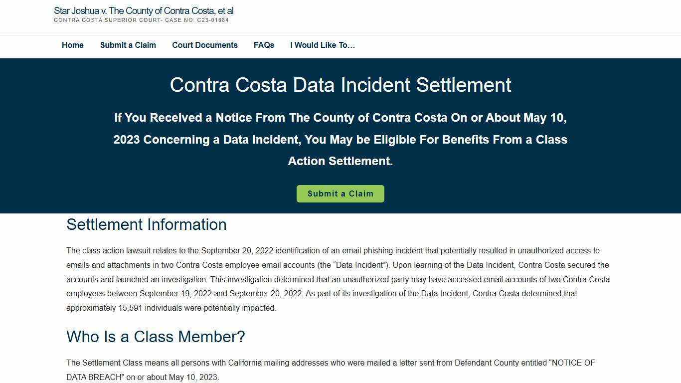 Star Joshua v. The County of Contra Costa, et al – Contra Costa Superior Court- Case No. C23-01684