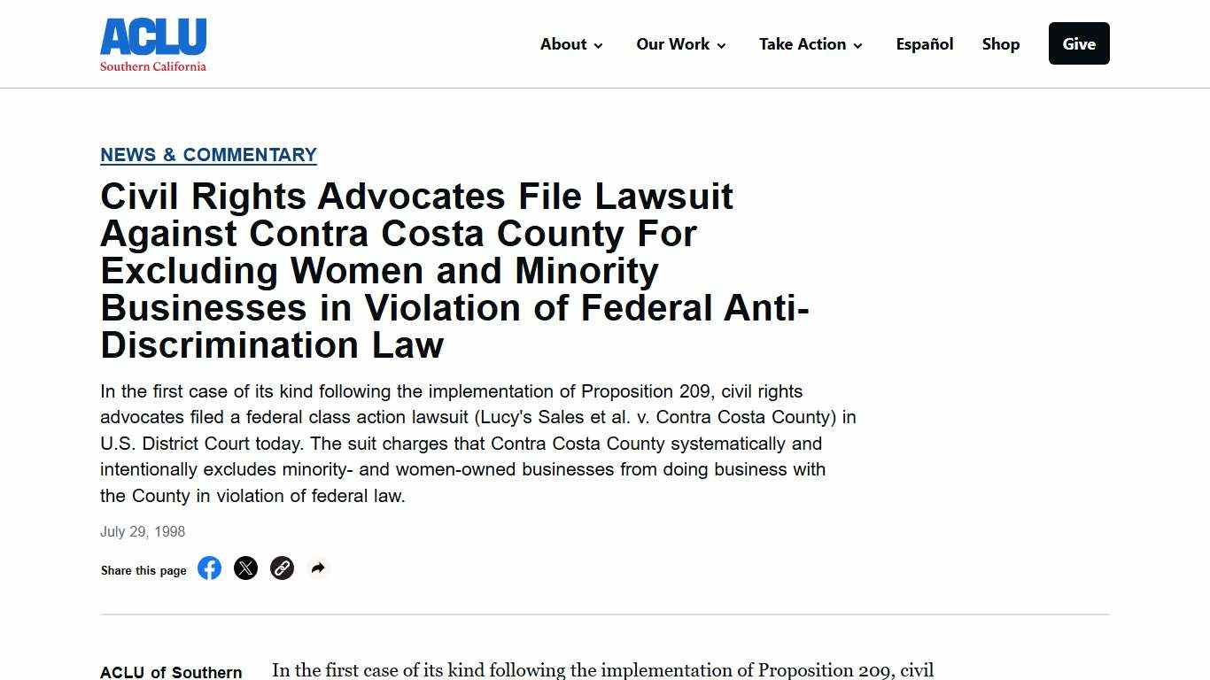 Civil Rights Advocates File Lawsuit Against Contra Costa County For Excluding Women and Minority Businesses in Violation of Federal Anti-Discrimination Law - ACLU of Socal